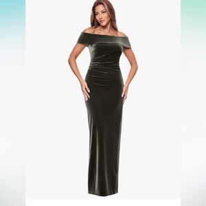 Xscape Strapless Velvet Dress in Olive